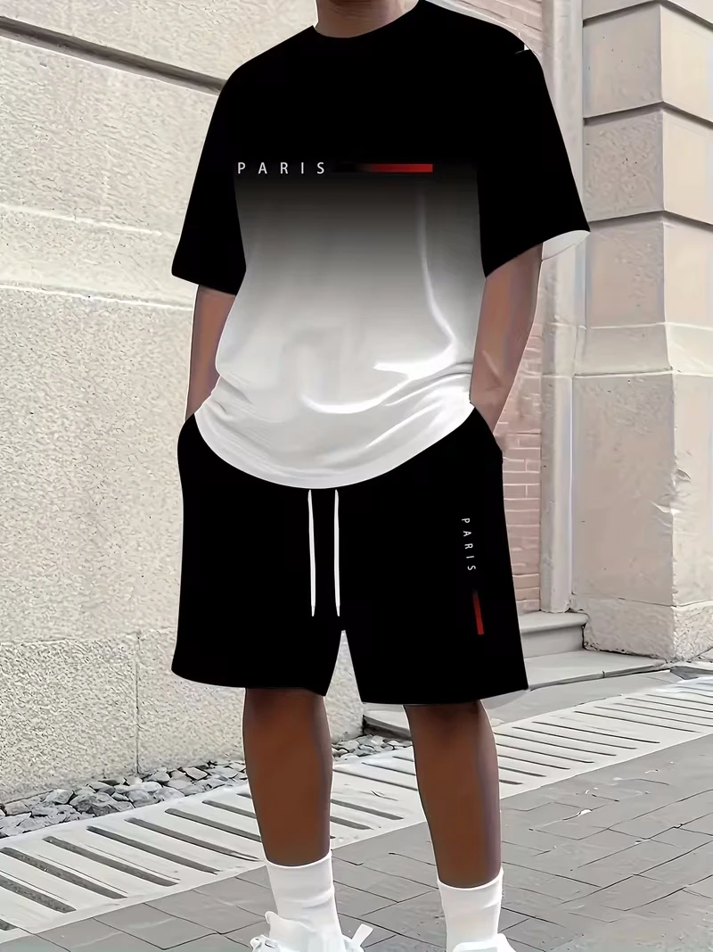 بدلة رياضية رجالية كبيرة الحجم 2 قطعة س الرقبة قصيرة الأكمام قميص السراويل مجموعة سريعة الجافة تشغيل البدلة زائد حجم تي شيرت رجل الملابس #4