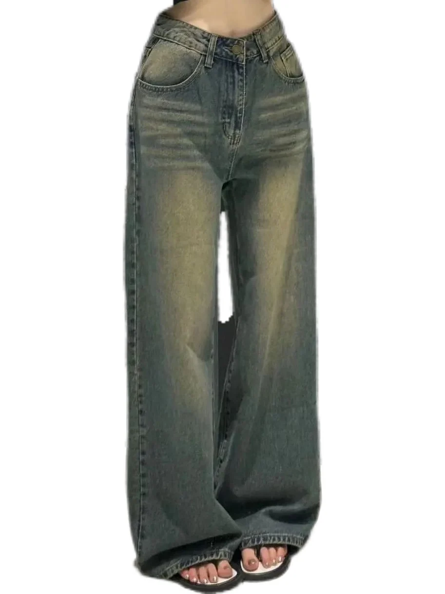 Celana Jeans Wanita High Waist Wide Leg, Model Longgar Kasual, Musim Panas 2025, Warna Biru, Celana Panjang Lurus, Celana Panjang Ele