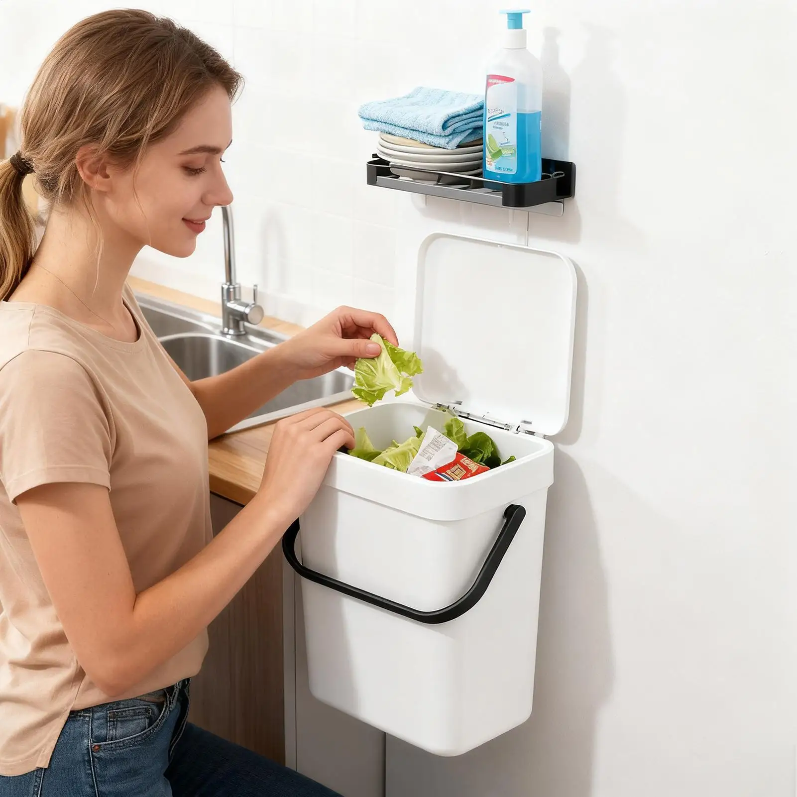 Cabinet Door Trash Can with Lid Double-Opening Wall Trash Container Kitchen Trash Bin for Waste Garbage Disposal Counter