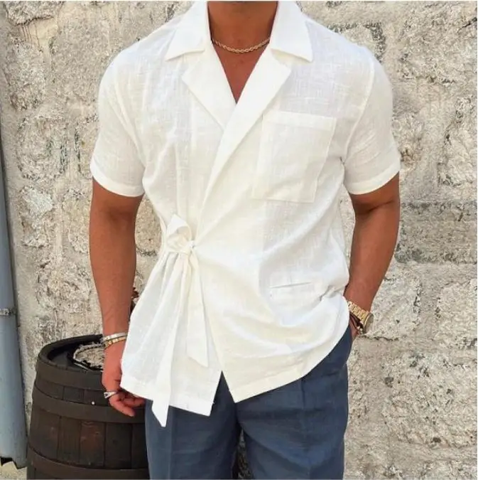 Summer Men's Solid Color Linen Suit Lapel Lace-Up Short Sleeve Shirt Jacket