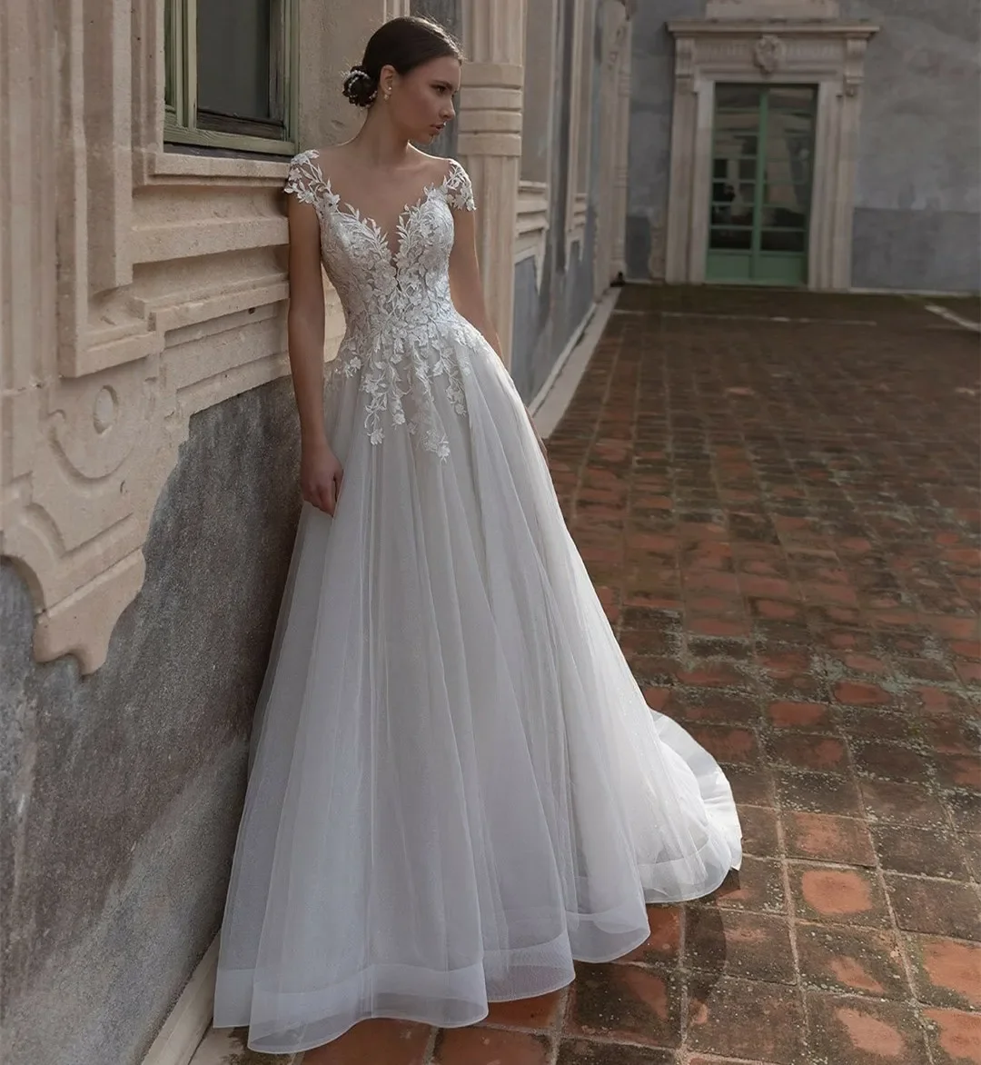 Vestido de novia de tul largo elegante, manga de casquillo, línea A, tren de barrido, vestido de novia de jardín, cremallera trasera, nuevo vestido de mujer