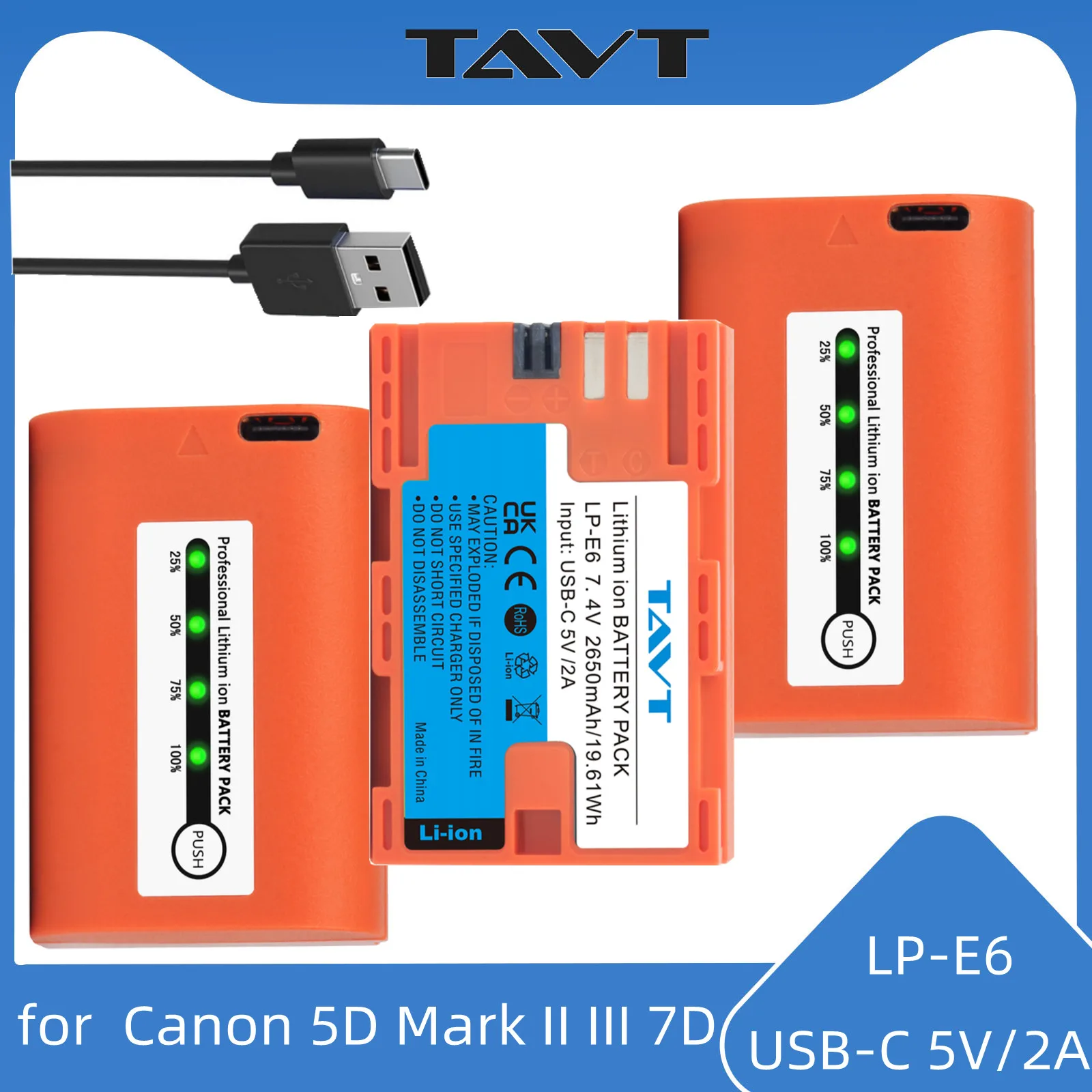 

Type-C LP-E6 LP E6 LPE6 LP E6N Battery for Canon 5D Mark II III 7D 60D EOS 6D 70D 80D R7 R6 EOS 5DS R Cameras 2650mAh