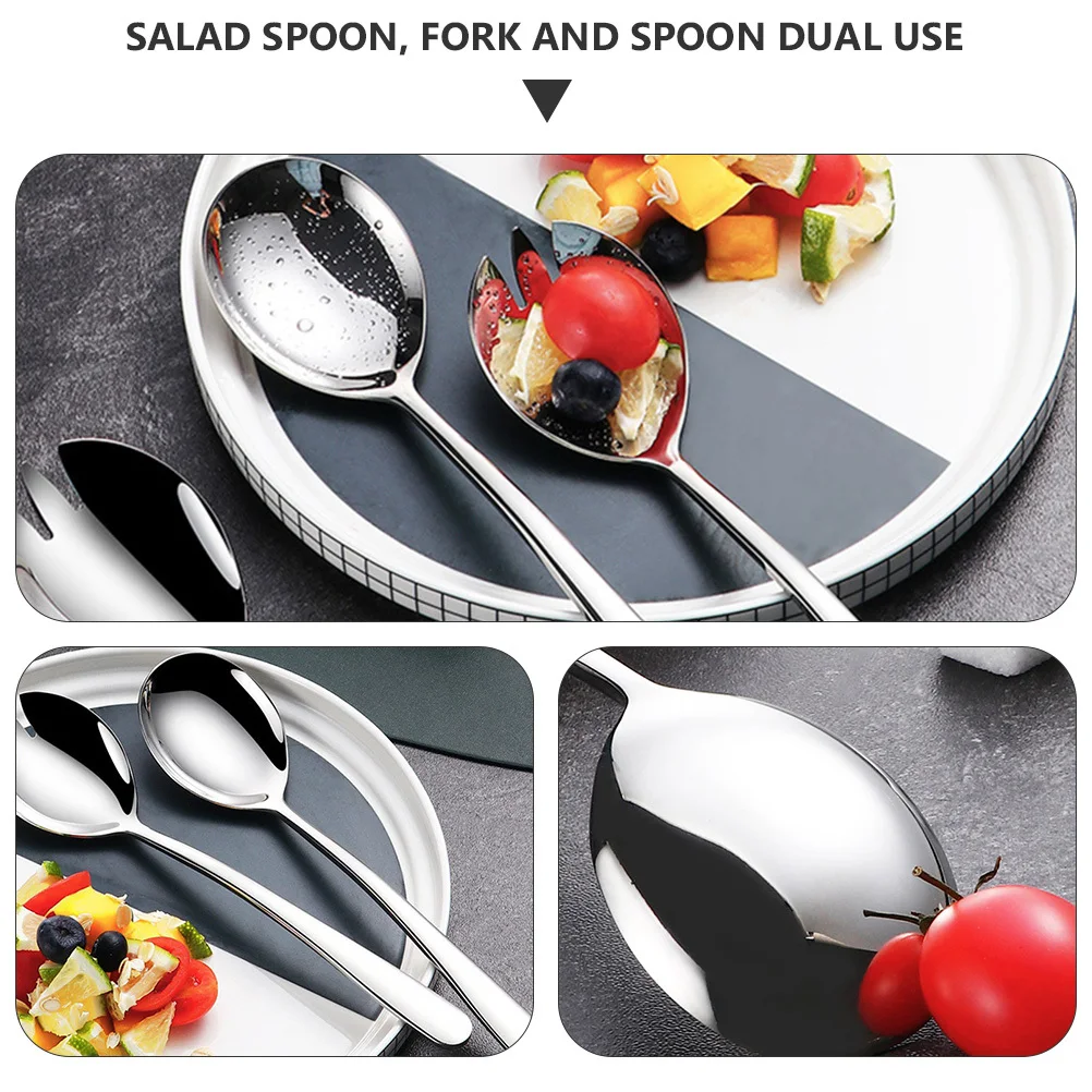 

1 set 1 Set Stainless Steel Salad Spoon Fork Dual Use Thickened Mirror Polished For Fruit Dessert Soup Noodles Eating Silver Pcs
