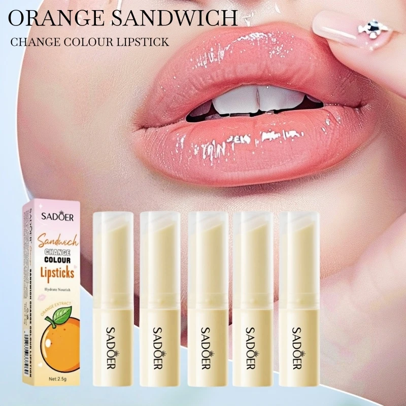 Paquete de 3/5 bálsamo labial que cambia de color con infusión de naranja, proporciona un toque de humedad, cuidado de temporada, contiene extracto de naranja, bálsamo labial teñido que cambia de color sobre el tiempo, trae un experiencia diferente, se pu