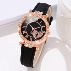 1PCS Simple Luxury Love Element Leather Black Strap Watch Casual Fashion Quartz Watch Is The Perfect Gift For Her (No Box)