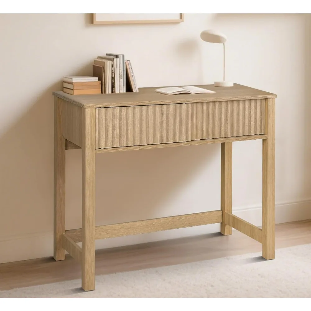 38 in Computer Writing Desk with Fluted Drawers, Small Modern Home Office Desk Wood Makeup Vanity Table Console Study Writing T