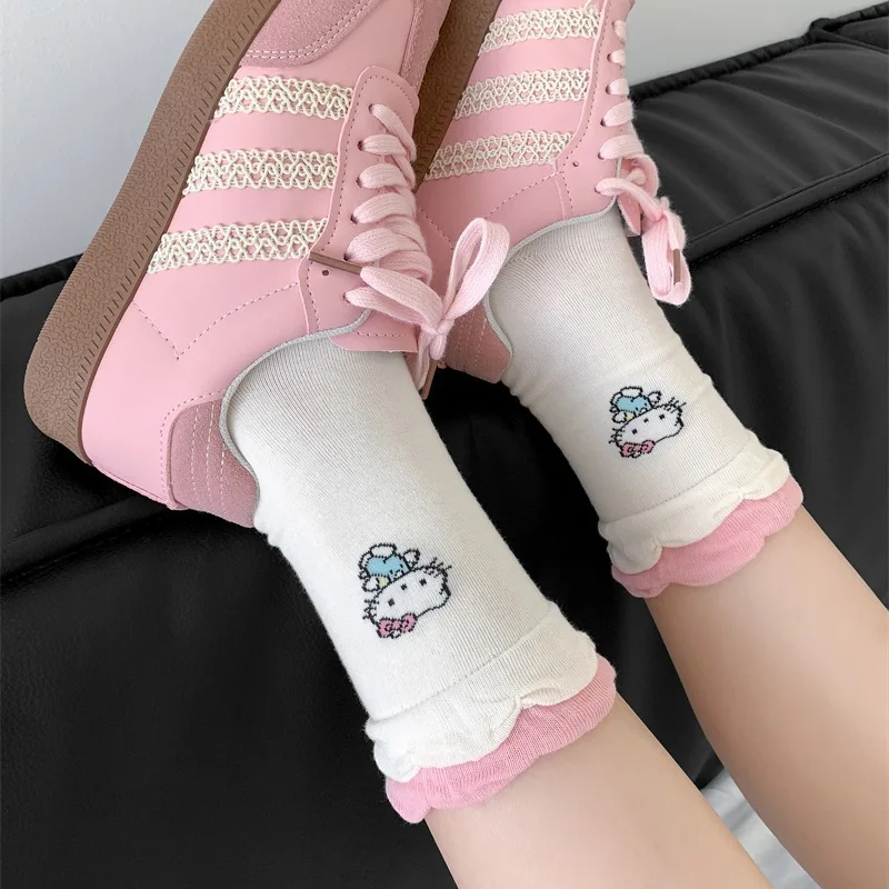 

Cartoon Sanrio Hello Kitty Socks Cute White & Pink Pure Cotton Girls Socks Bow Lace Mid-calf Socks Pile Socks Sweet Bubble Lace