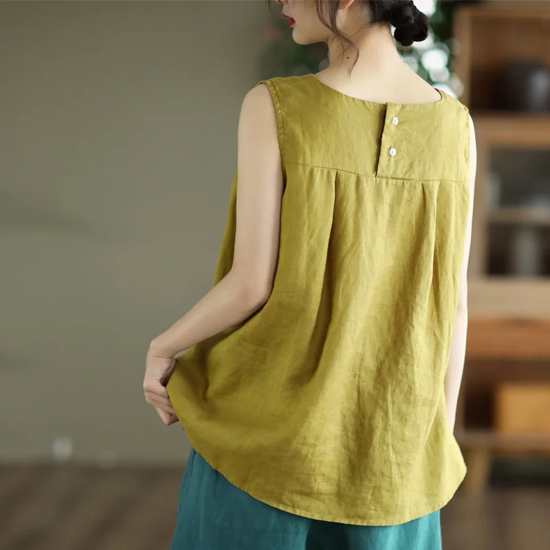 Cotton Linen Sleeveless Tank Top Loose Thin Women's Summer Inner Wear round Neck Casual Comfortable Breathable Fashionable