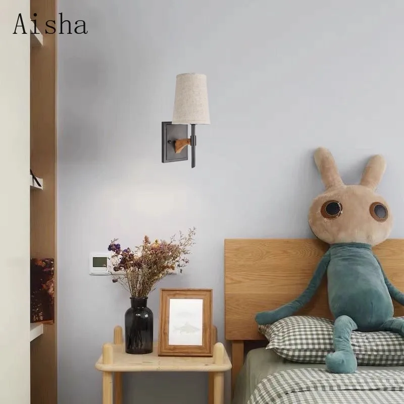 American Fabric Solid Wood Art Wall Lamp Villa Homestay Living Room Study Bedroom Dining Room Wall Sconces for Home Decoration