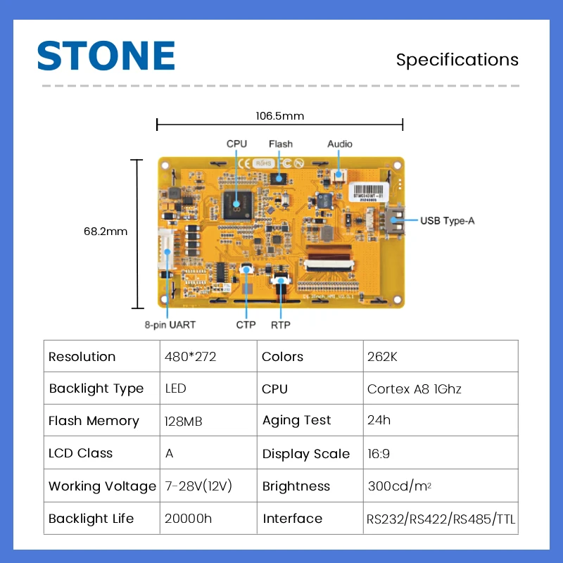 STONE C 4.3 Inch Industrial Grade TFT LCD HMI Display Panel Resistive Touch Screen Cortex A8 1GHz CPU 128MB 480*272 for Arduino