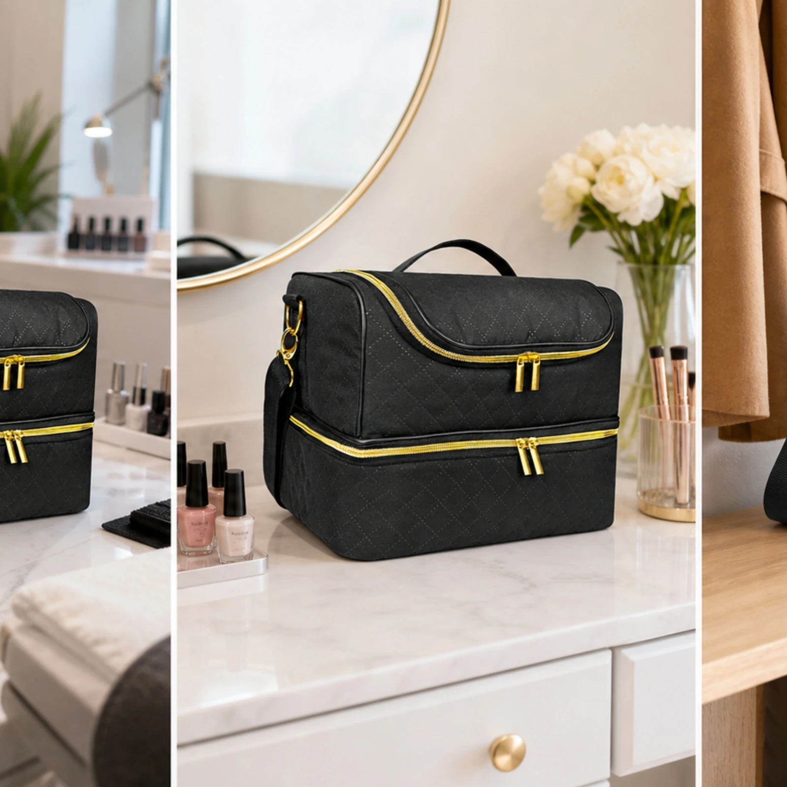Nail Polish Organizer with Shoulder Strap Portable Nail Polish Case with Shoulder Strap Large Capacity Quilted for Manicurists