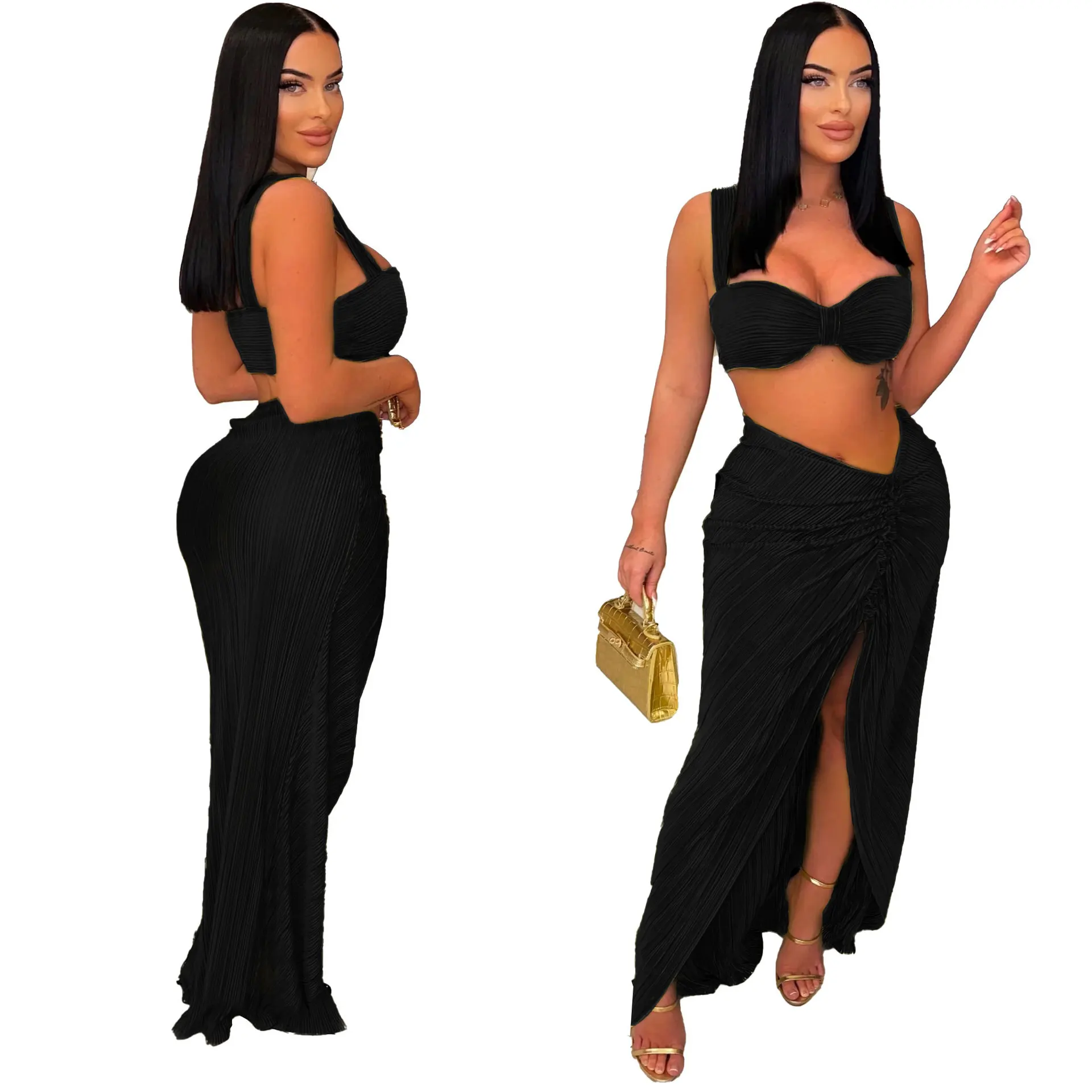 EINY Beach Pleated Women 2 Piece Sets Outfits 2025 Summer Crop Top and Midi Ruffles Draped High Side Split Maxi Long Skirt Set