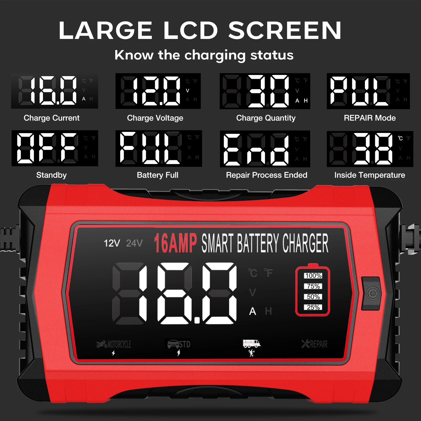 HTRC 12V 16A 24V 10A Nabíječka autobaterií pro lithiové, LiFePO4, AGM, gelové, olověné a kyselinové baterie Pulzní opravná nabíječka pro motocykly - náhled 5