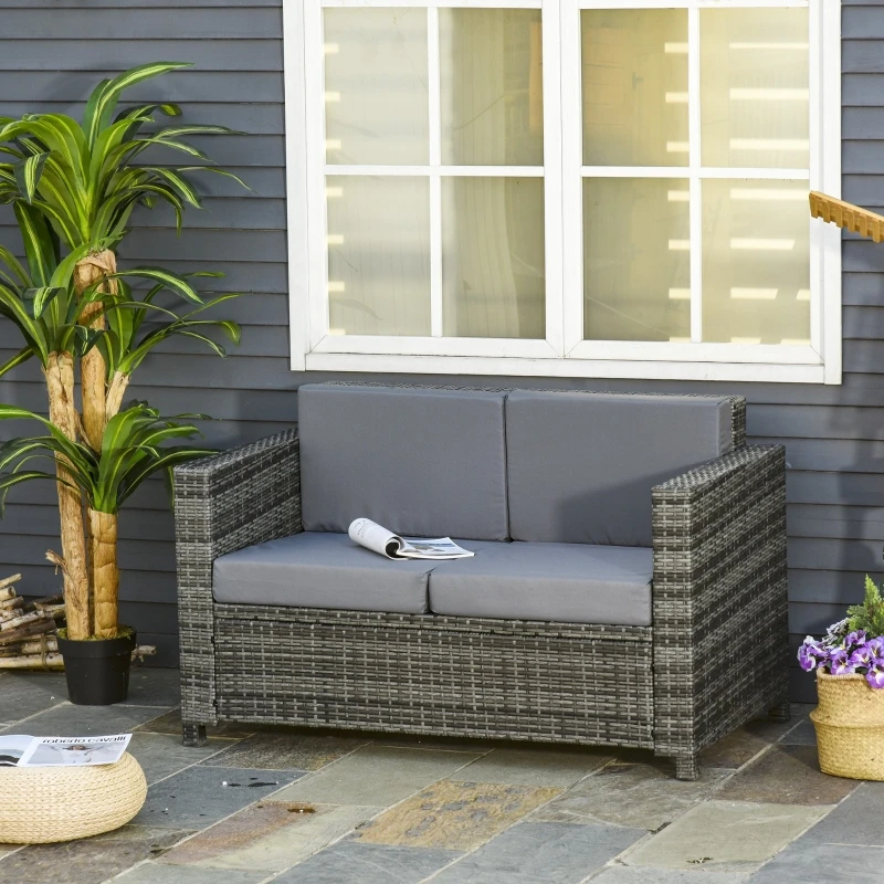 Garden sofa, 2 seats, straight sofa, 4 detachable cushions, 130L x 70I x 80 Hcm, woven resin gray