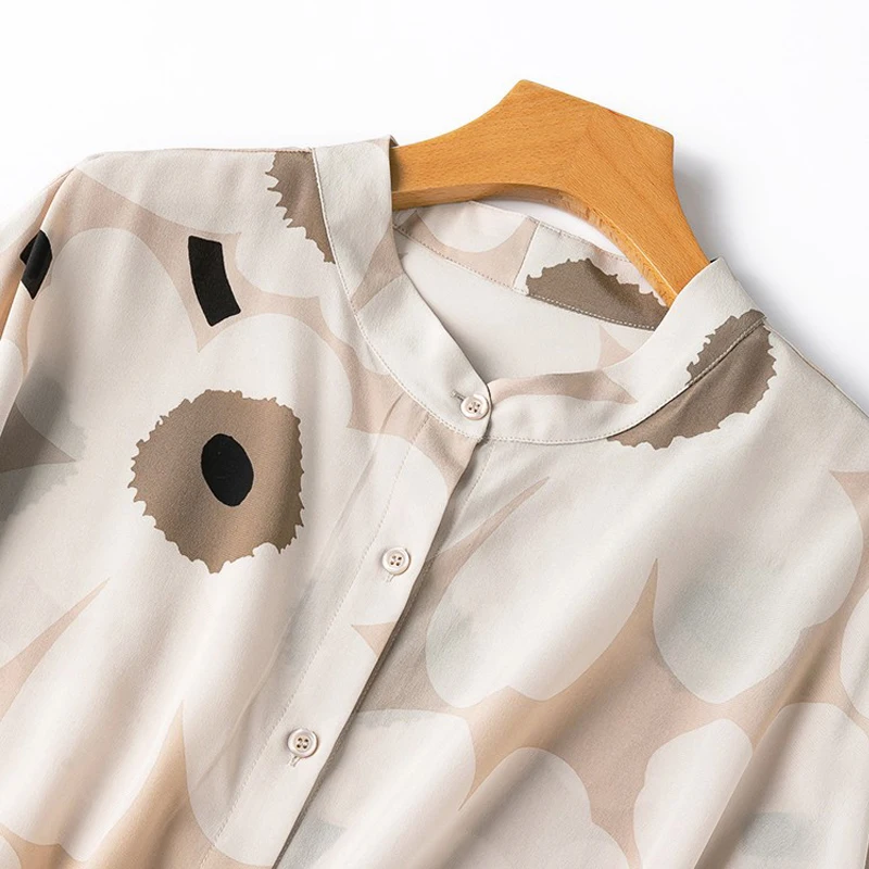 2025 Women's Fashion Summer New Artistic Rice Beige Print 100% Natural Mulberry Silk Crepe De Chine Batwing Sleeve Loose Shirt