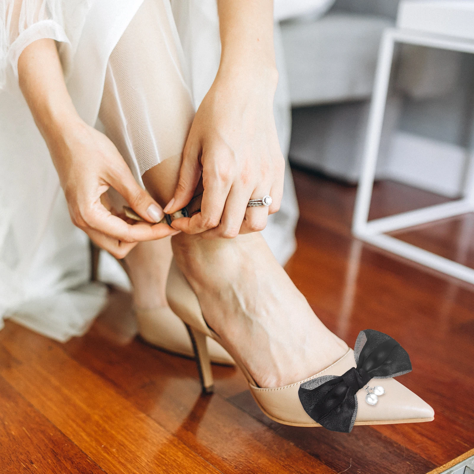 

White Black Bow Shoe Clips Faux Decorative Buckles Bridal Flat Pumps