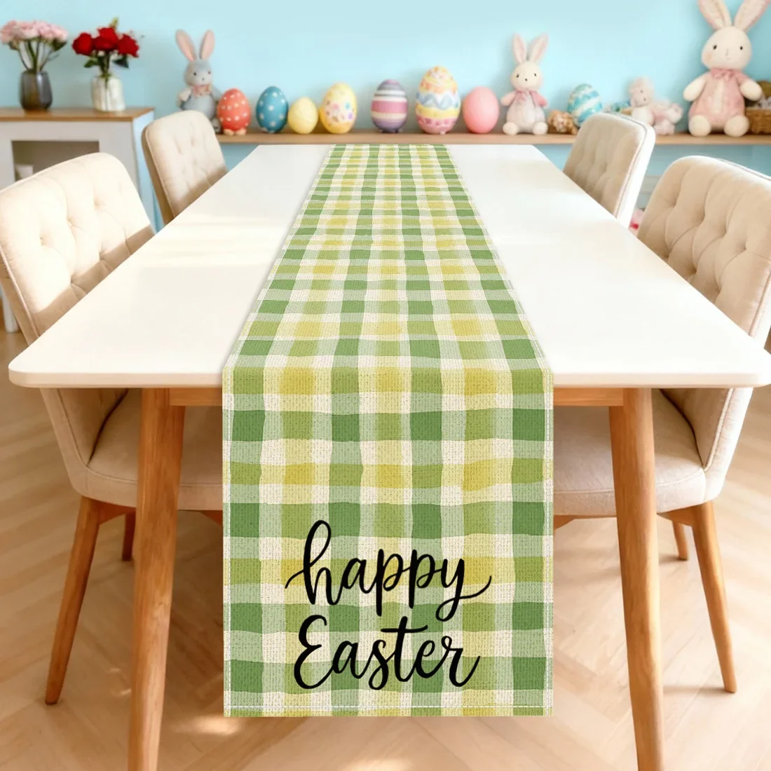 

Easter Green Grid Happy Easter Digital Printed Linen Look 100% Polyester Table Runner For Dining Table & Home Decor