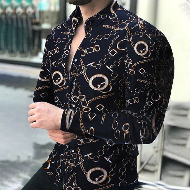 2024 Men's Chain Printed Long Sleeve Shirt Men's Casual All-match Fashion Street Men's Shirt Lapel Single-breasted Long Sleeve