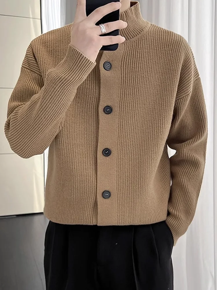 

Ele Knitted Cardigan Men's Autumn Winter Sle Casual Loose Fit Long Sve Coffee Color Stand Collar Sweater Coat