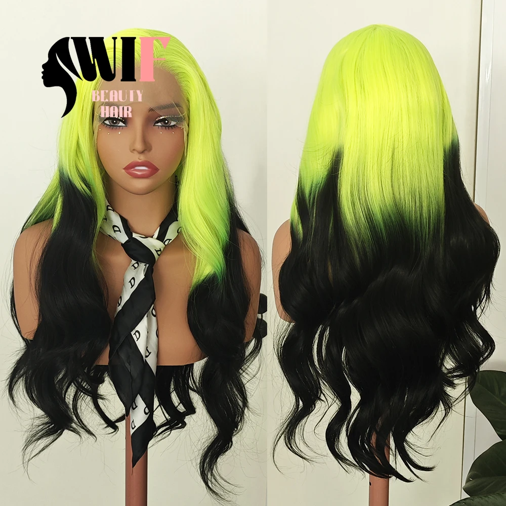 WIF Ombre Neon Color Synthetic Wig Neon Green Root Black Hair Loose Wavy Heat Fiber Lace Front Wigs for Women Cosplay Makeup Use