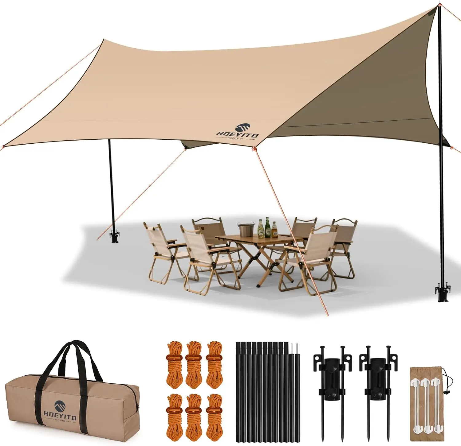 15x12.5FT Waterproof Camping Tarp with Poles, UPF100+ UV Protection, 210D Oxford Cloth Canopy for Outdoor Picnic Car Hammock (Khaki)
