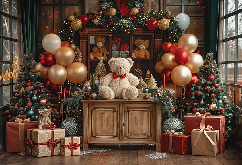 Mehofond Photography Background Winter Christmas Bear Gifts Xmas Trees Kids Family Holiday Portrait Decor Backdrop Photo Studio