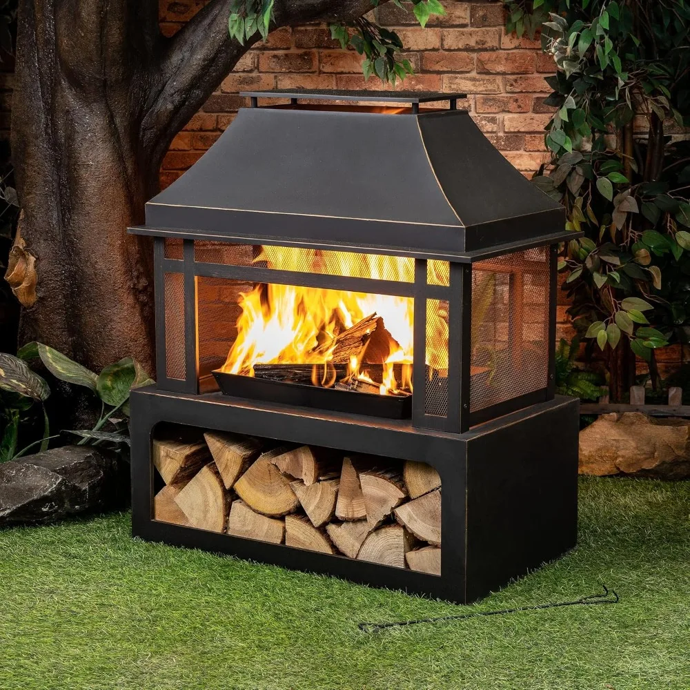 Wood Burning Fireplace with Wood Storage and Removable Fire Grill - 40 Inch Large Metal Wicker Base Fire Pit for Patio Deck