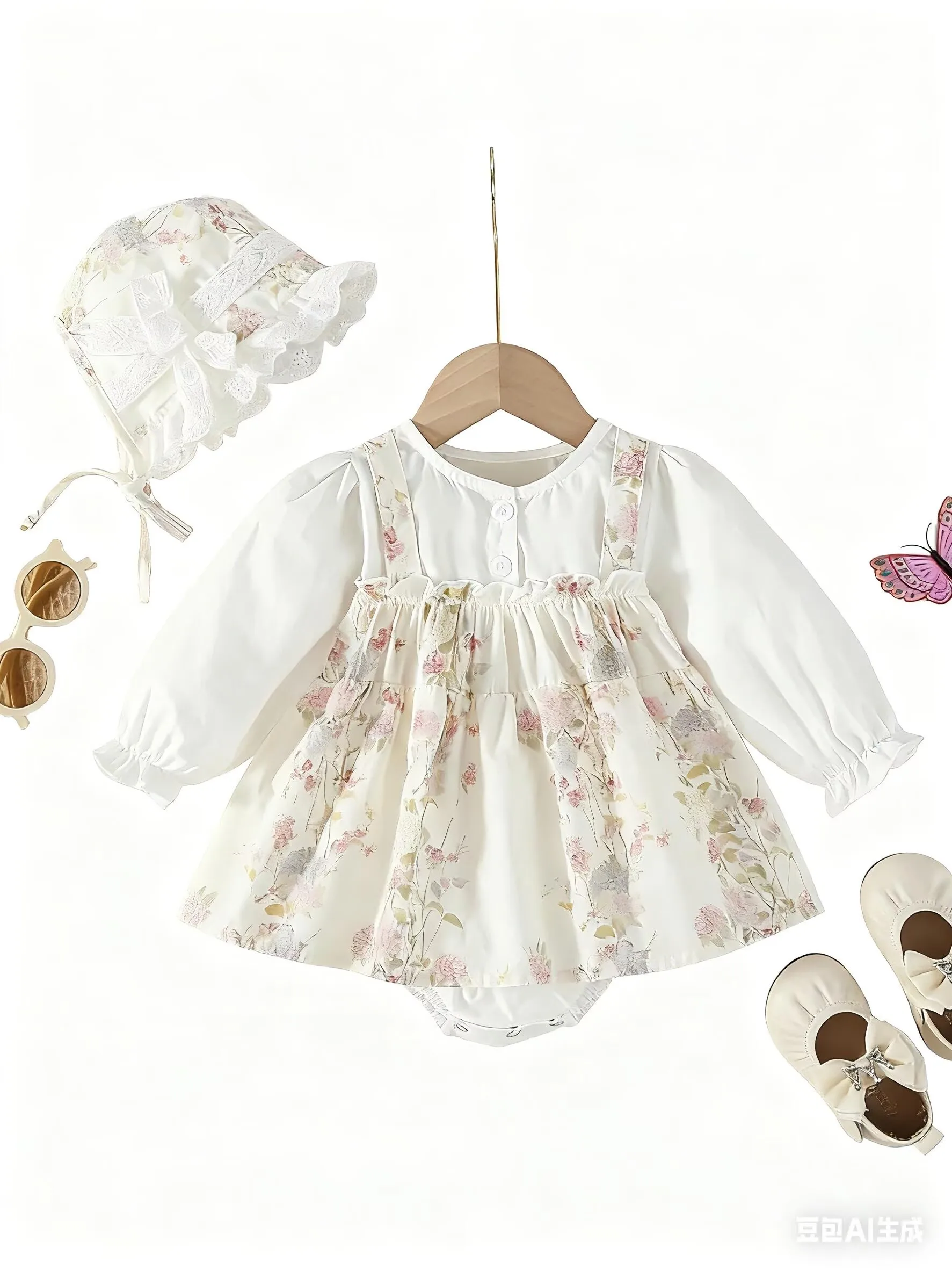 

2025 Korean Fall Cute Baby Girl Floral Romper Dress Long Sleeve Onesie with Hat Bodysuit Outfits Trendy Toddler Clothes 0-24M