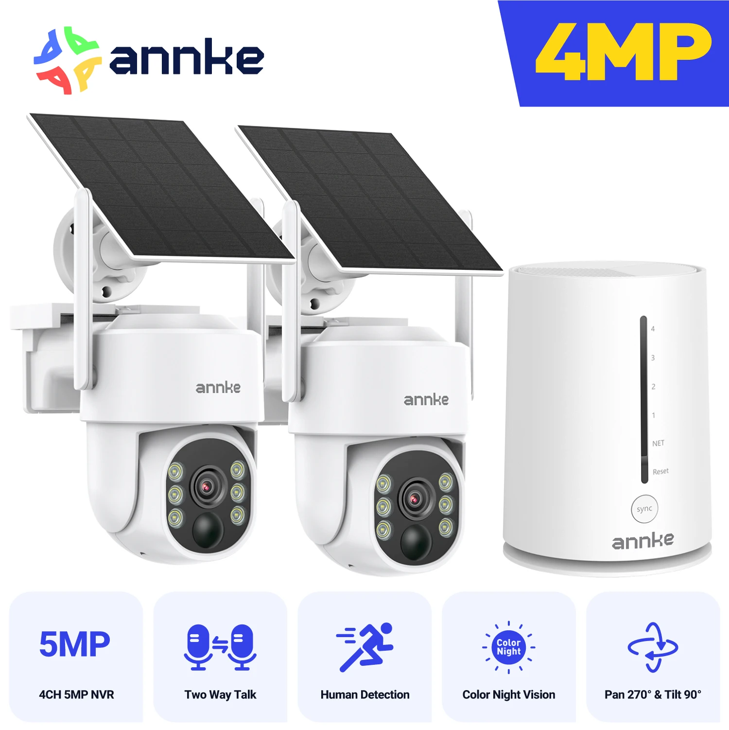 

ANNKE 4MP Scalable Wireless Security Camera System 4CH 5MP Wireless Homebase NVR IP65 4MP PIR Two-way Audio Solar PT Camera