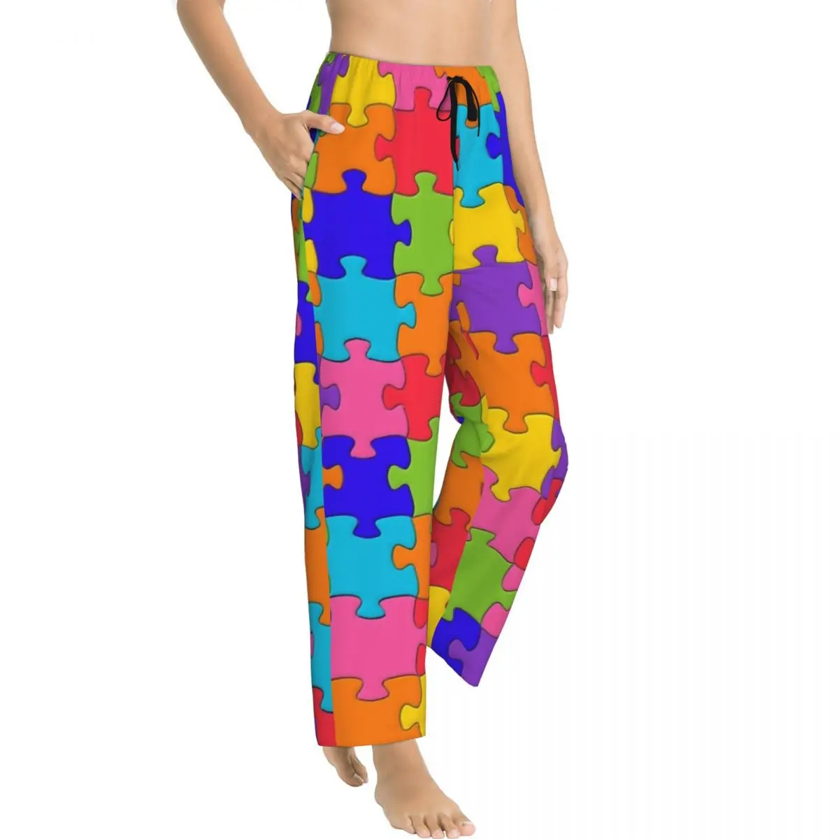 Custom Colorful Puzzle Autism Awareness Pajama Pants Womens Lounge Sleep Drawstring Sleepwear Bottoms with Pockets