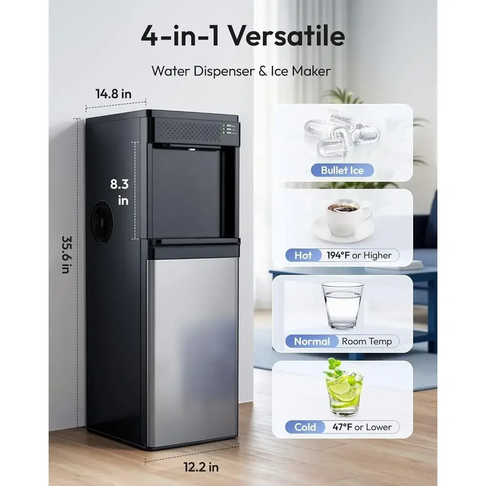 4-in-1 Bottom-Load Water Dispenser with Ice Maker, Hot/Cold, 3-5 Gallon, 33 lbs Daily Ice, Childproof Lock, Black view 2