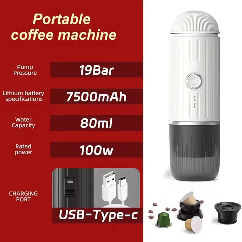 ABBO-Portable Espresso Machine ,Wireless Electric Coffee Maker Compatible With Capsules & Ground Coffee, Ideal For Travel Use