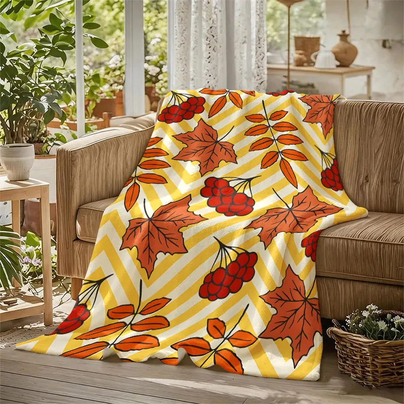 Autumn Berry Leaf Flannel Blanket Warm Soft Halloween Christmas Decorative Couch Warm Cozy All-Season Gift