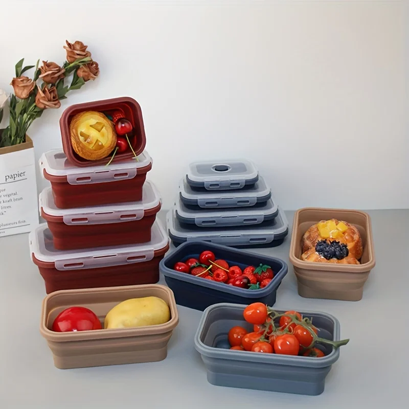 

8-piece foldable food storage container, silicone lunch container with lid, kitchen storage and organization, square