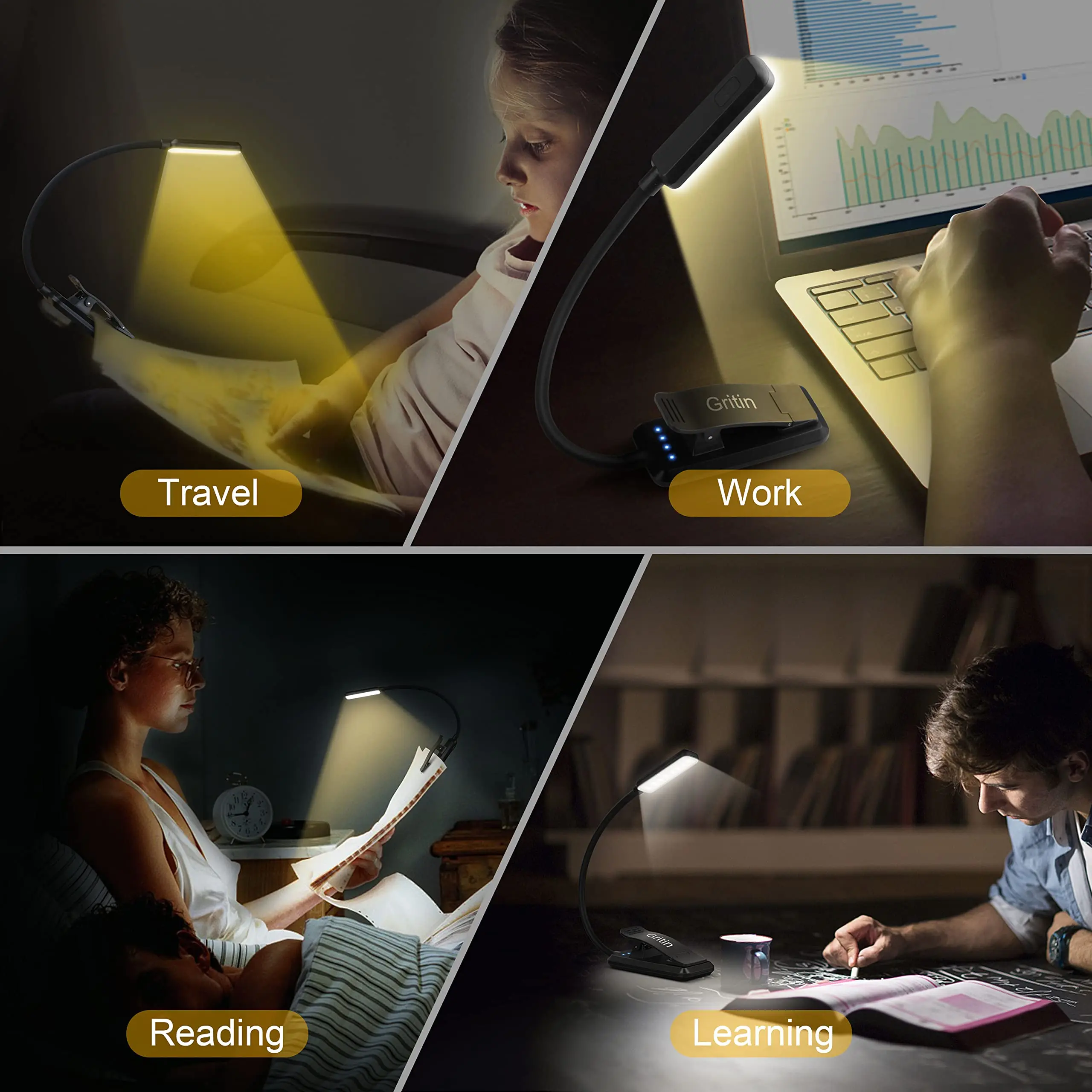 LED Rechargeable Book Light Reading in Bed Eye Caring 3 Color Temperatures Stepless Dimming Brightness