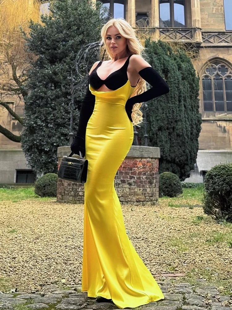 PB Sexy Satin Slip Long Dress with Contrasting Bustier Detail Yellow And White Sleeveless Backless Slit Mermaid Women Gowns