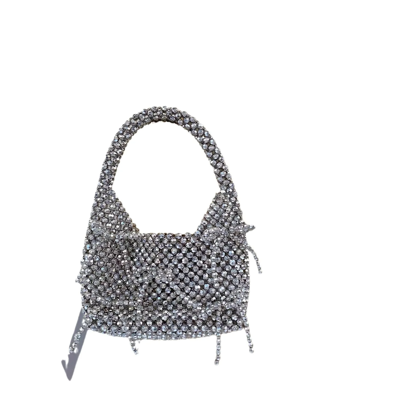 Metallic silver strap design sense hand-woven beaded bag trendy fashionable personality sweet cool handbag