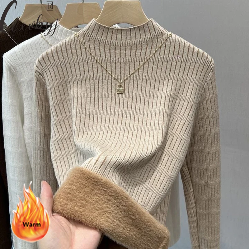 

Plus Velvet Winter Sweater Women Solid Retro Basic Long Sleeve Knitwear Pullover Casual Fleece Lined Half-Turtleneck Knitted Top