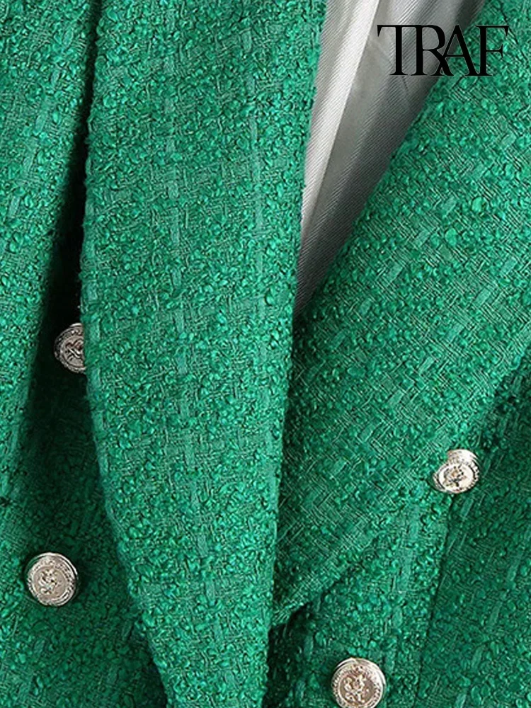 Chaqueta verde de Tweed con doble botonadura para mujer, abrigo Vintage de manga larga con bolsillos y solapa, prendas de vestir exteriores elegantes, novedad de 2024