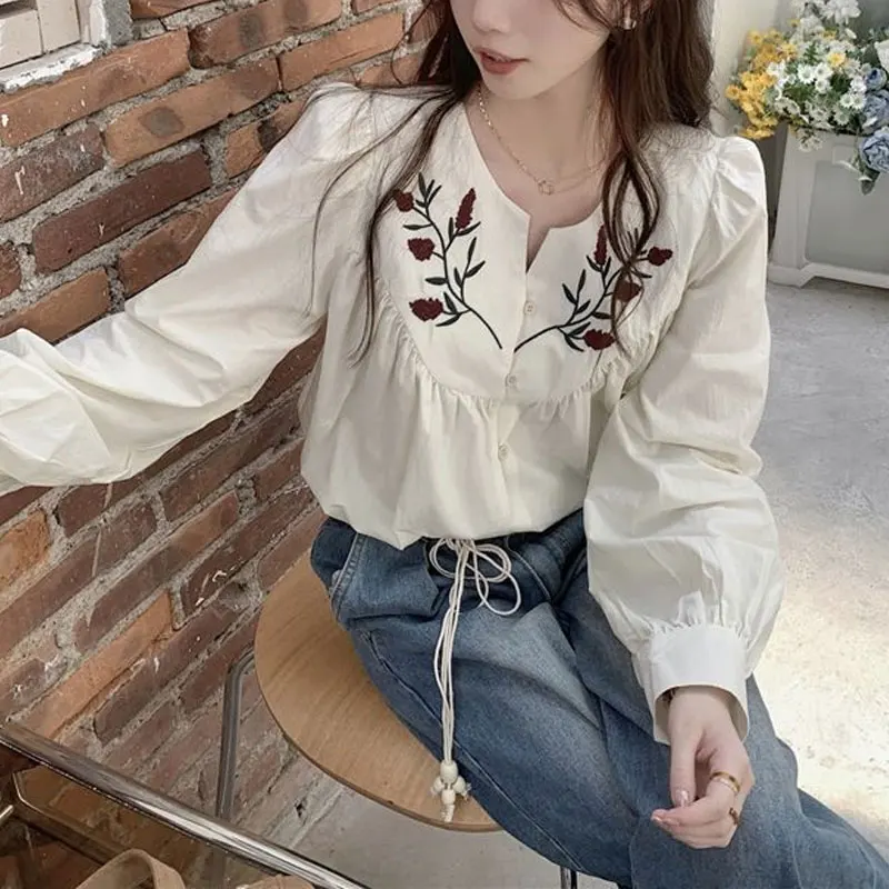 Folk Vintage Floral Embroidery Shirt Female Clothing Single-breasted Spring Autumn Long Sleeve Stylish Folds Loose O-Neck Blouse