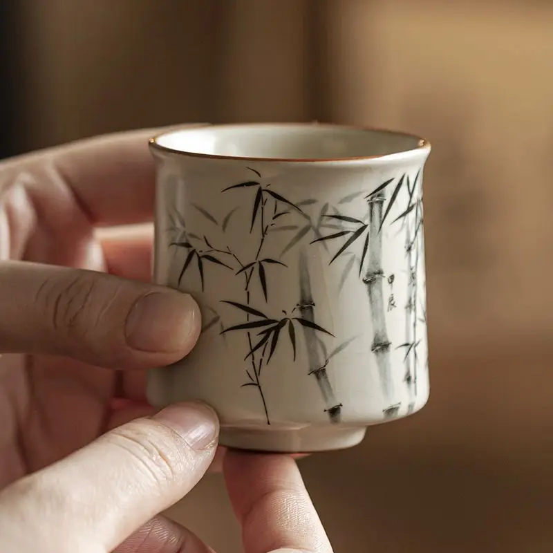 Ru Kiln Ink Bamboo Hand Painted Tea Cup Master Cup Chinese Kung Fu Tea Personal Tasting Cup for Home Tea Lover