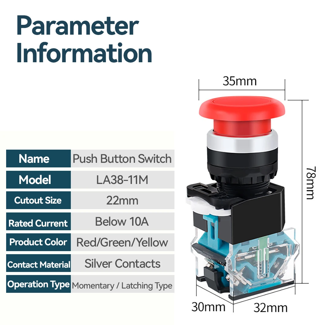 Mushroom Head Button Switch LA38-11M Opening 22mm Self-resetting Self-locking Switch Red/Green/Yellow optional