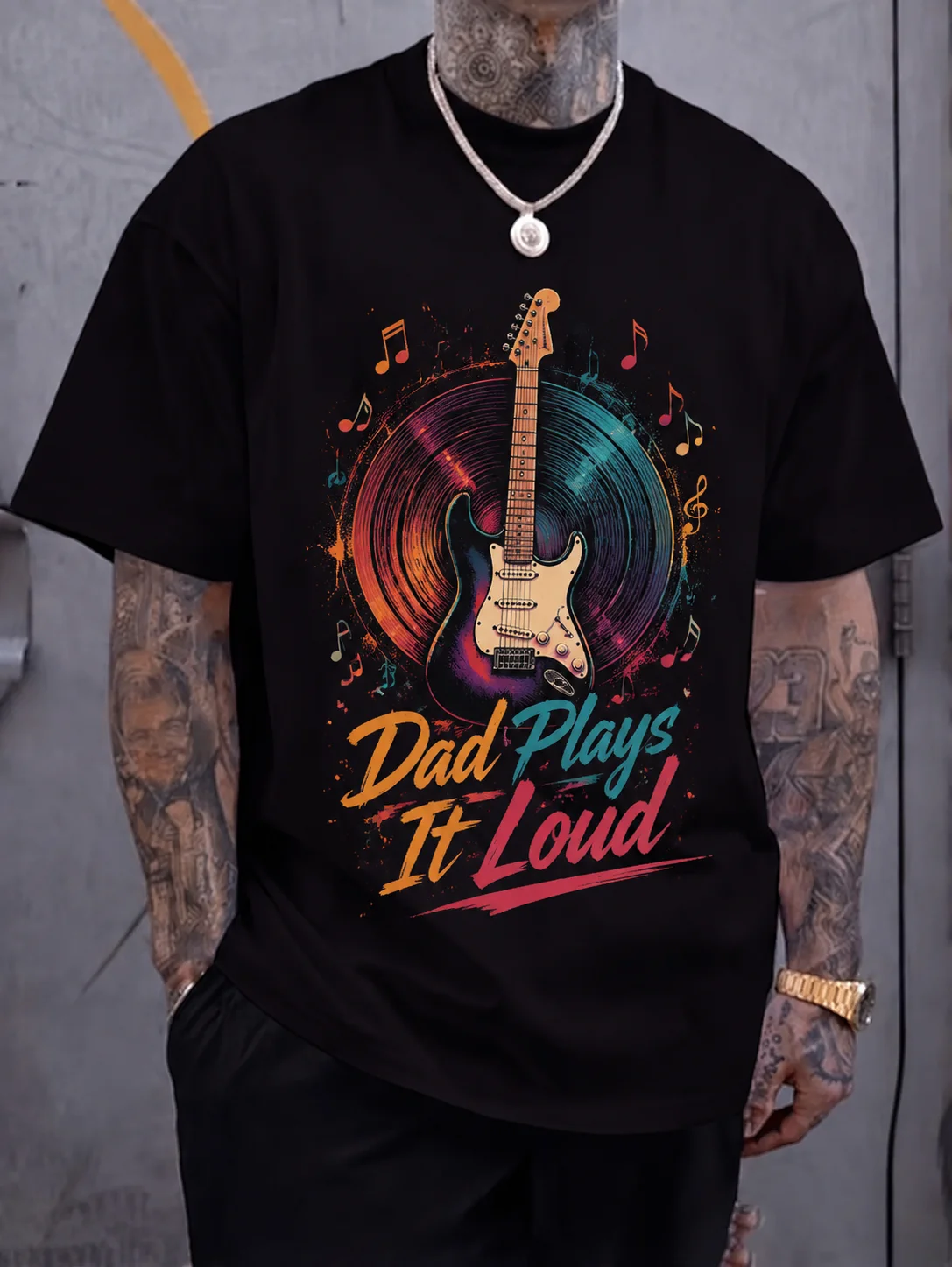 

Men Graphic t Shirt Short Sleeve Loose Fit Dad Tee Guitar Vinyl Record Vintage Retro Print Rock Concert Streetwear Casual