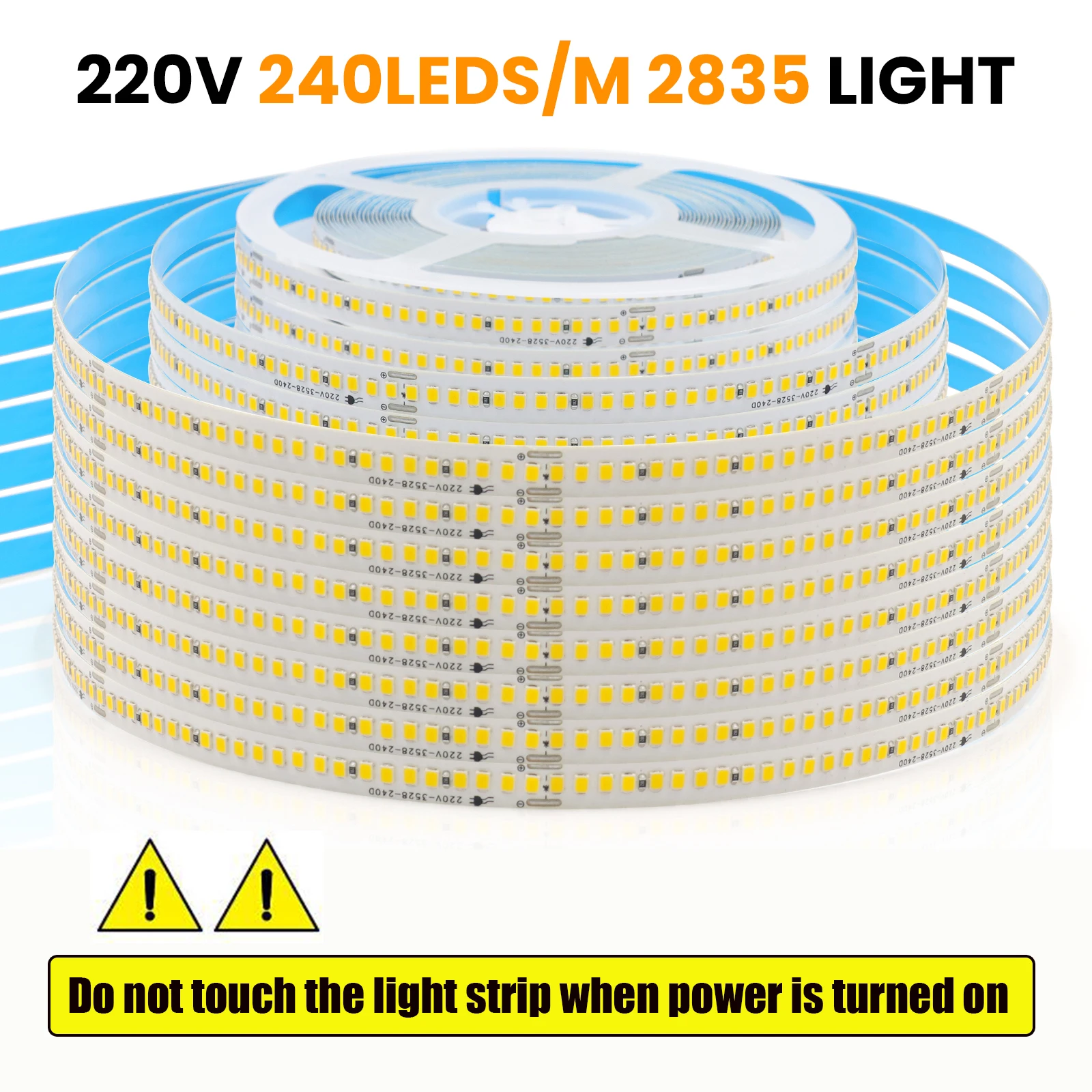 AC 220V 110V LEDストリップライト、US/EU/2ピンケーブル付き、240LEDs/M、IP44、自己粘着式フレキシブルリボンテープ、ホームデコレーションライト、5M、10M、20M