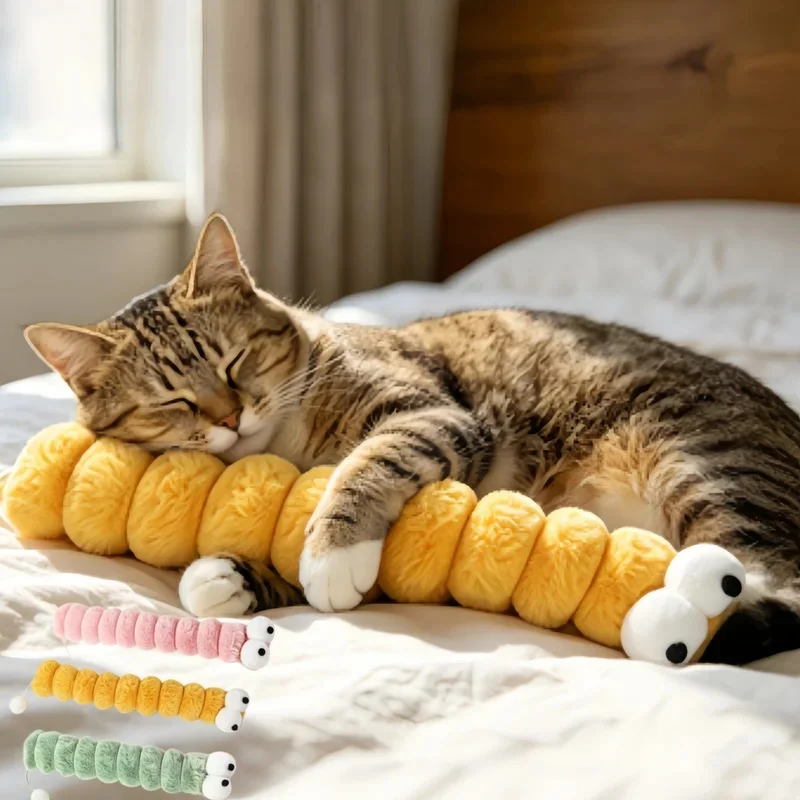 Cute Big-Eyed Caterpillar Cat Toy: Soft Plush Teeth-Grinding Chew Toy, Kitten Sleeping Companion, Stress Relief, Pet Supplies