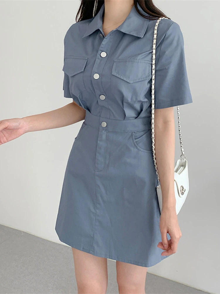 FINEWORDS Short Sleeve Korean T Shirt Dress Women Sumemr Casual Lapel A Line Dress Easymatch Streetwear Daily Short Dresses