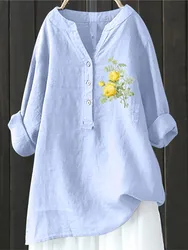 Fashion Buttons Long Sleeve Linen Tops And Blouses Women 2024 Autumn Loose Casual Daisy Print Shirts Women's Top Femme Blouse