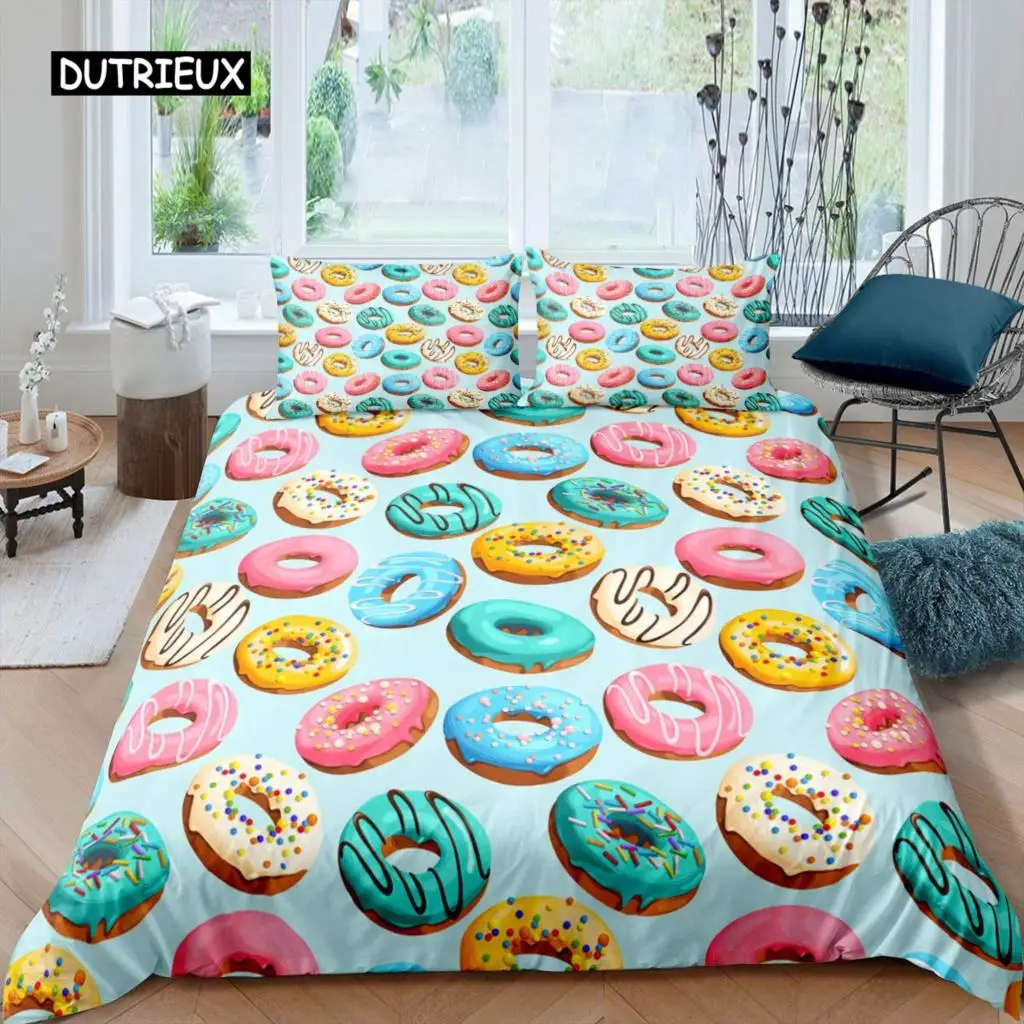 

Donut Duvet Cover Set Dessert Food Theme Quilt Cover Colorful Print 2/3pcs Double Queen King Size Bedding Set for Child Girls