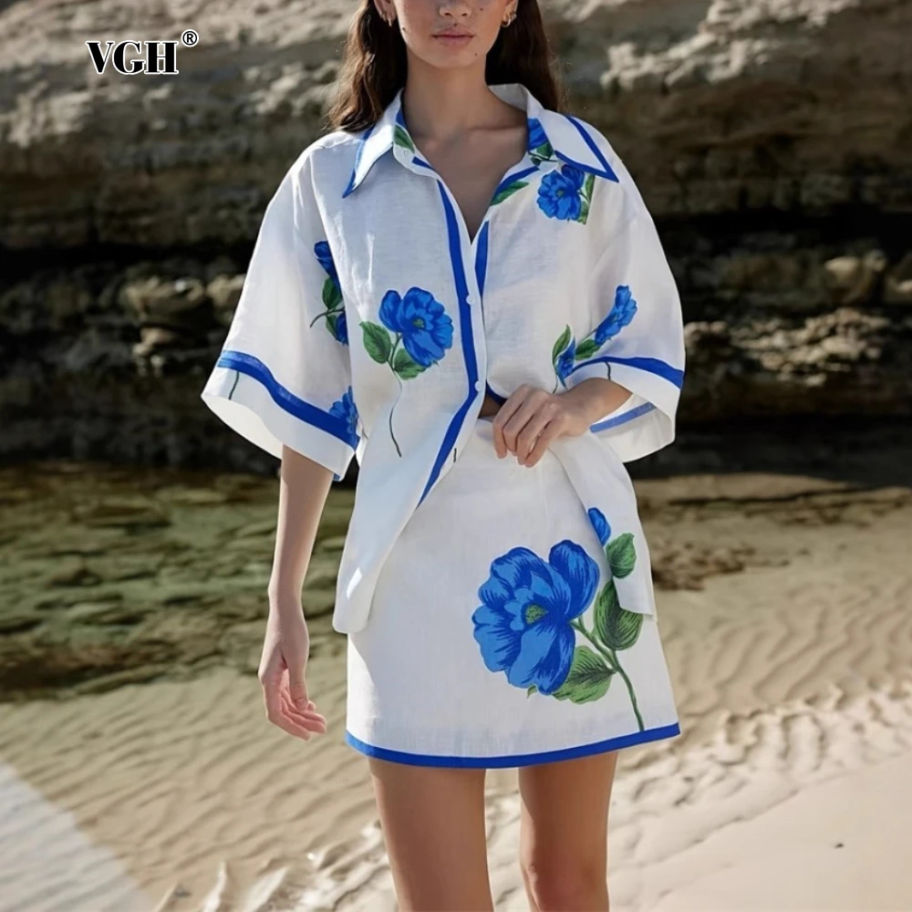 

VGH Casual Spliced Flower Printing Two Piece Set for Women Lapel Half Sleeve Shirts High Waist Bodycon Skirt Holiday Suit Female
