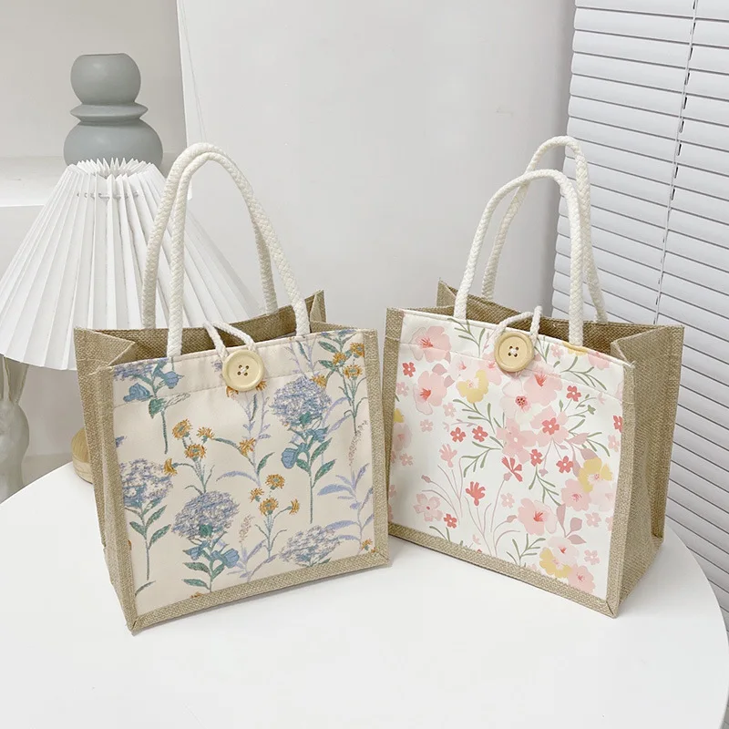 Bolsa de linho estilo japonês feminino, bolsa para presente, estampa de flores, compras, praia, portátil, casual, verão, moda